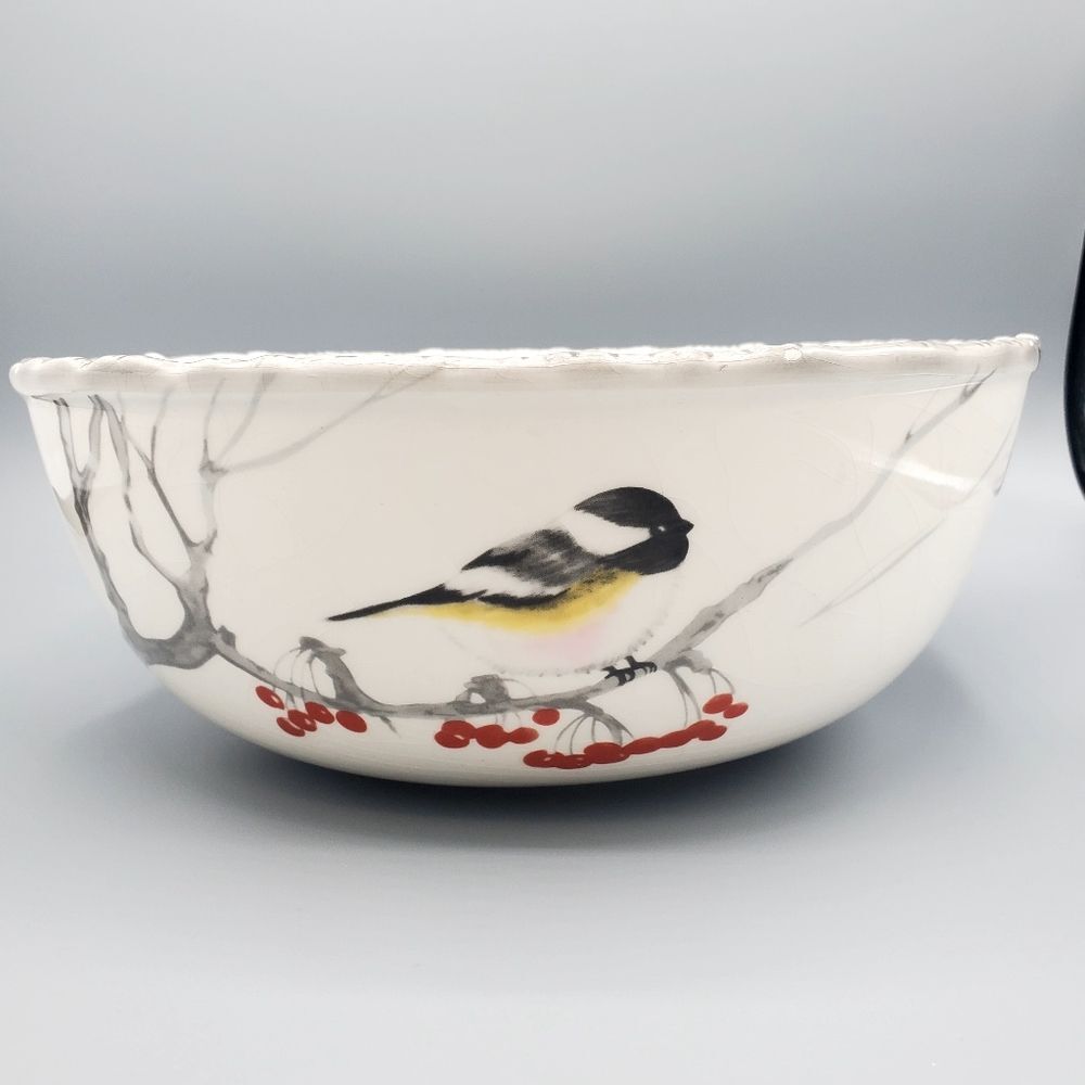 Global Design Kate Williams Winter Chickadee Gray Trim Berries 10" Veg. Bowl